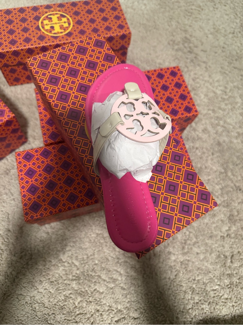 Tory Burch Little Girls Hot Pink Slide with Cream Logo Medallion